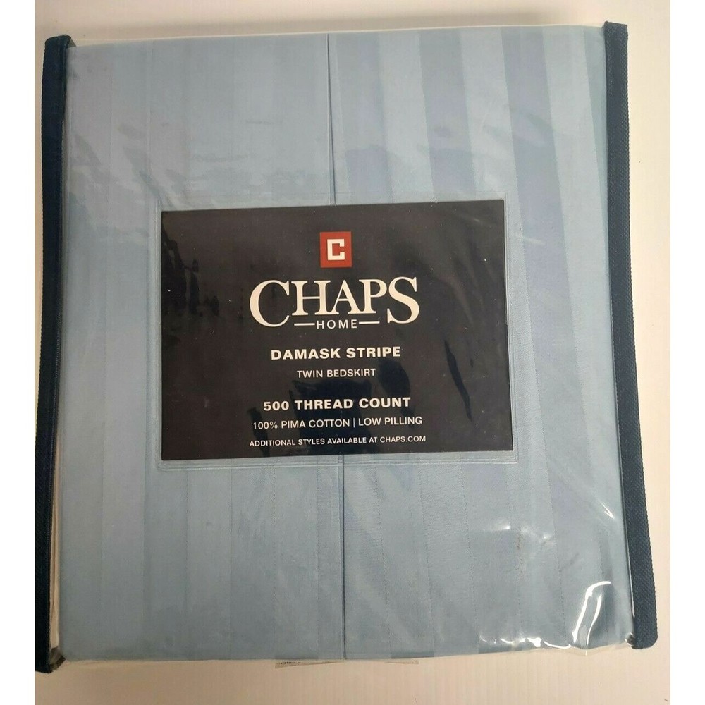 NEW Chaps Home Damask Stripe Full Bed Skirt‎ Blue 100% Pima Cotton  500TC